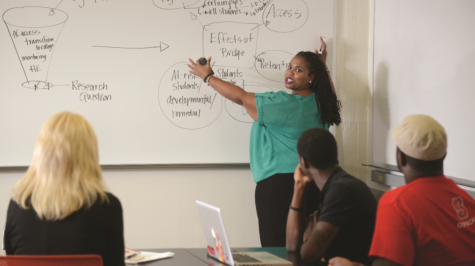 woman teaching at white board