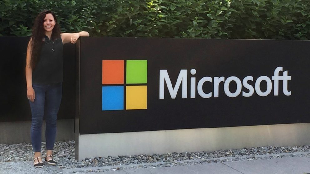 Kelly Bogan by Microsoft sign