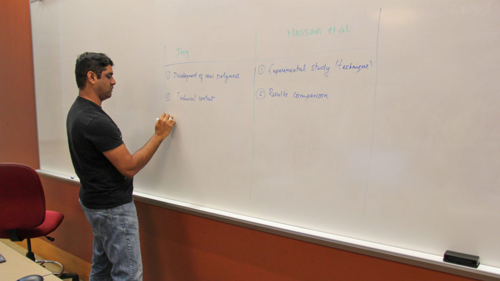 Srinivasan Balan (Industrial & Systems Engineering) participates in a group activity. Workshops combine “hands-on” writing practice with opportunities to revise your own writing projects.