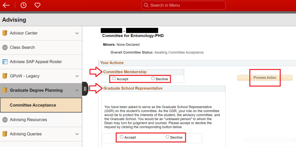 Screenshot of Committee Acceptance page; showing how to accept/decline a role on a student's committee