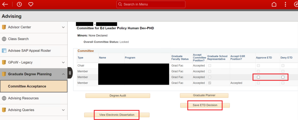 Screenshot of Committee Acceptance page showing a student's committee with red boxes around the "view thesis/dissertation" button, the approve/deny checkboxes, and the "Save ETD Decision" box