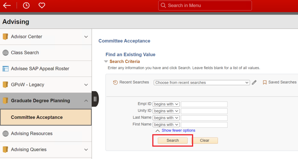 Screenshot of Committee Acceptance landing page with red box around the Search button