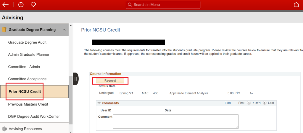 Prior NCSU Credit page with Request button