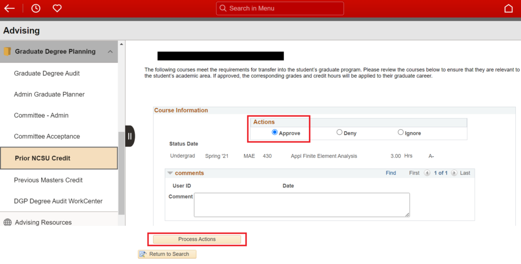 Prior NCSU Credit page with "Approve" selected and Process Actions button