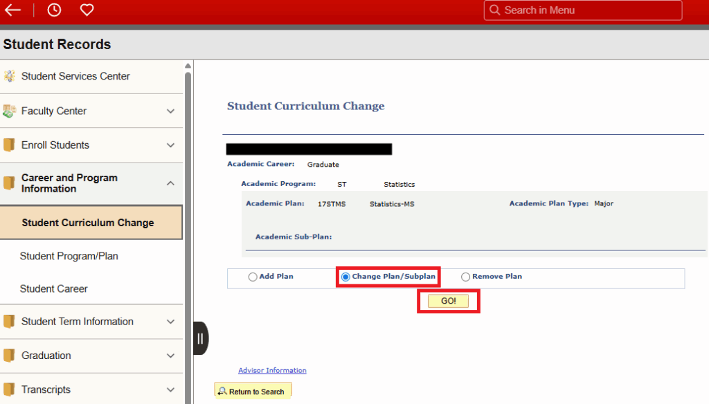 Screenshot of Student Curriculum Change page with buttons highlighted