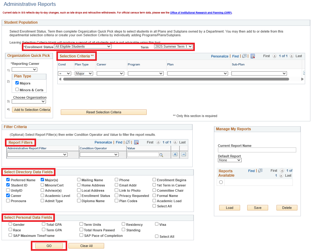 Screenshot of Administrative Reports page with options highlighted