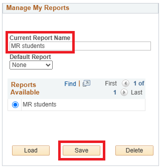 Screenshot of "Manage My Reports" section on the Administrative Reports page with options highlighted