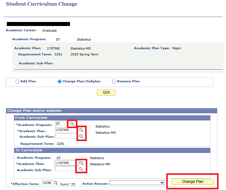 Screenshot of Student Curriculum Change page with buttons highlighted