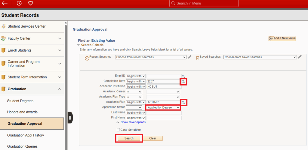 Screenshot of Graduation Approval page with buttons highlighted