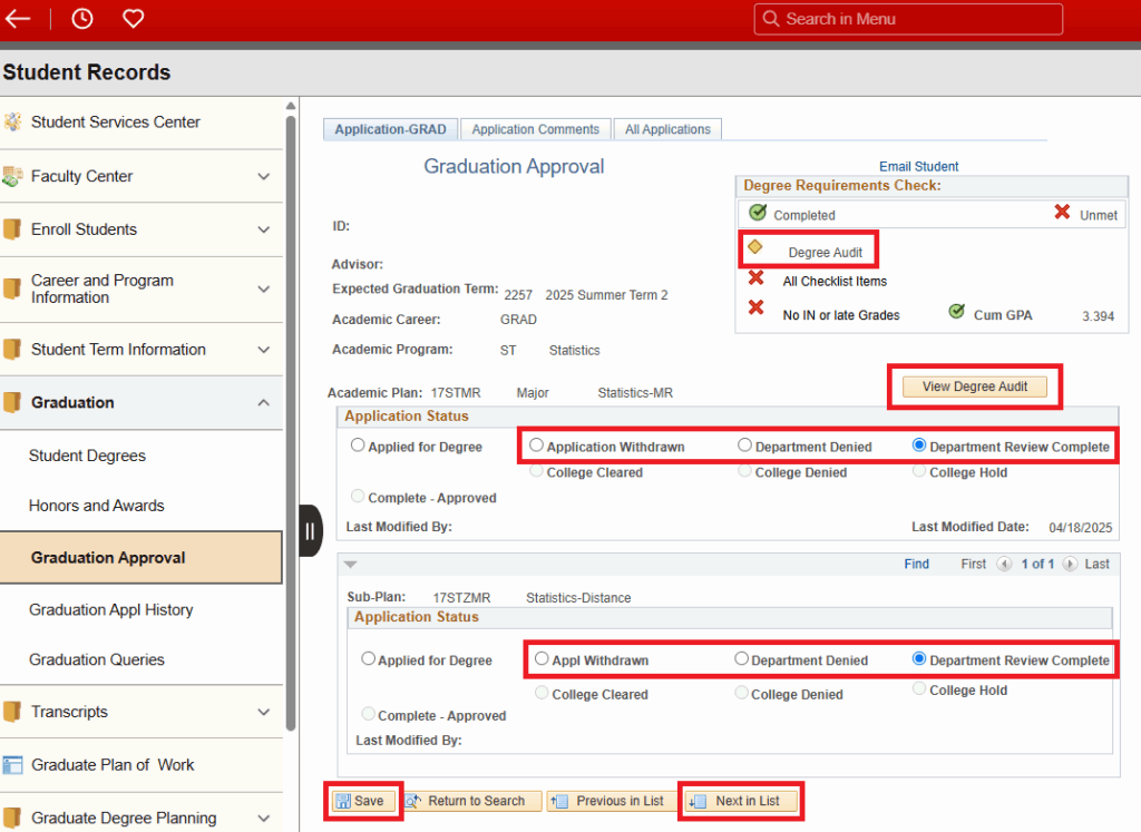 Screenshot of an application to graduate with buttons highlighted