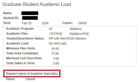Screenshot of "Graduate Student Academic Load" page with link highlighted