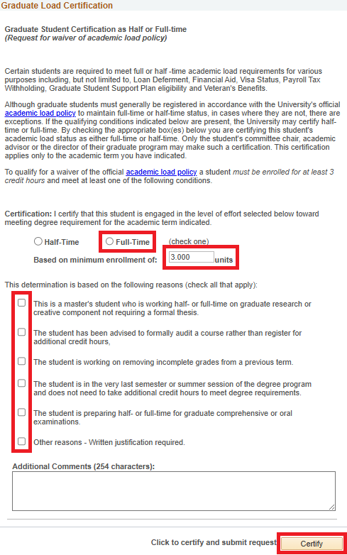 Screenshot of Graduate Load Certification page with options highlighted