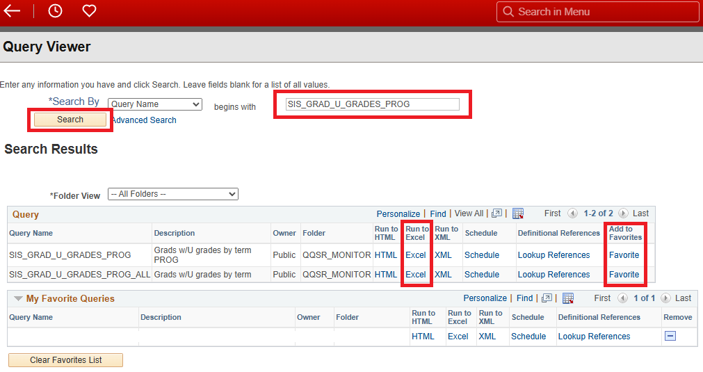Screenshot of Query Viewer page with options highlighted