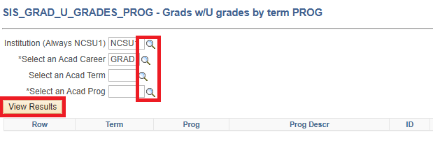 Screenshot of a query page with options highlighted