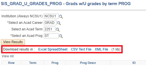 Screenshot of a query result page with options highlighted