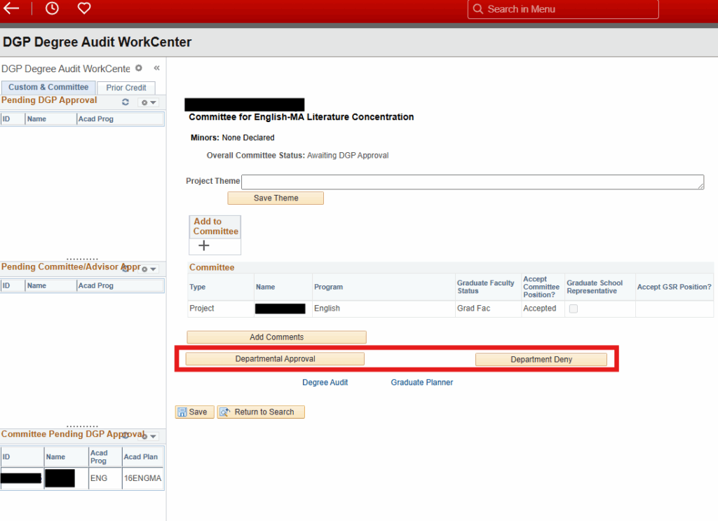 Screenshot of the DGP Degree Audit WorkCenter with committee options highlighted