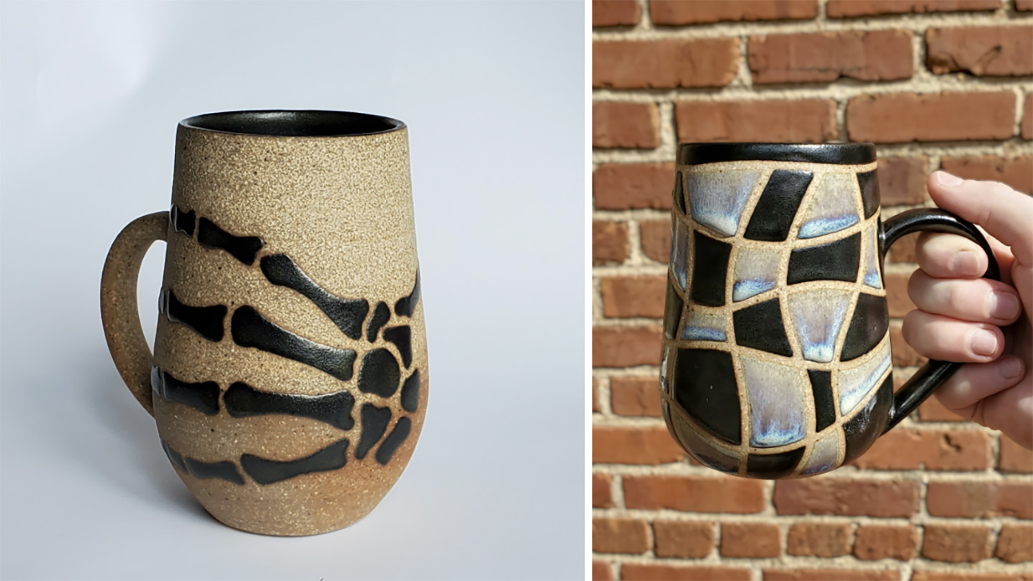a tan ceramic mug with a skeleton hand around the body of the mug and a dark brown, tan and light blue accented tiled ceramic mug.
