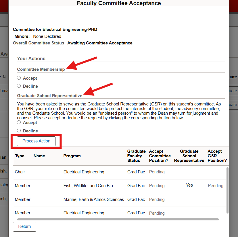 Screenshot of the Faculty Committee Acceptance screen with features highlighted