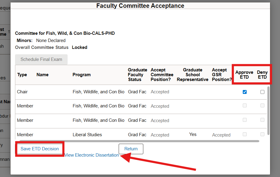 Screenshot of the Faculty Committee Acceptance screen with ETD actions highlighted