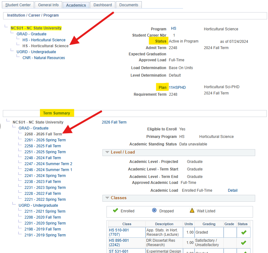 Screenshot of the Academics tab in the Student Services Center of the MyPack Portal