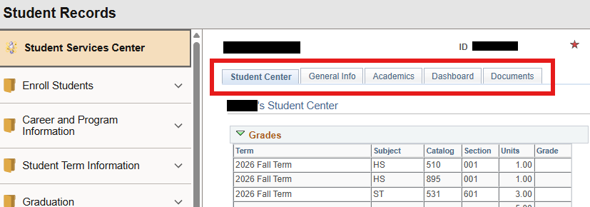 Screenshot of the Student Services Center in MyPack with the top tabs highlighted.